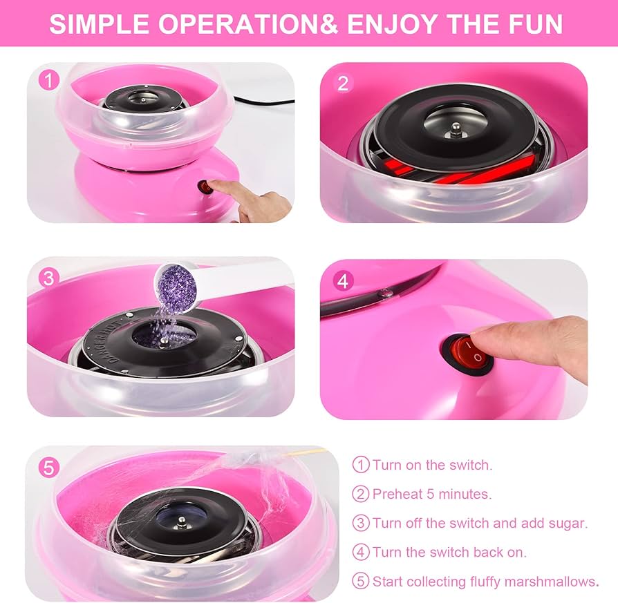 Cotton Candy Machine for Kids, Mini Electric Cotton Candy Maker with Food Grade Splash-Proof Plate for Home Kids Birthday Family Party, Includes 10 Bamboo Sticks & Sugar Scoop, Pink