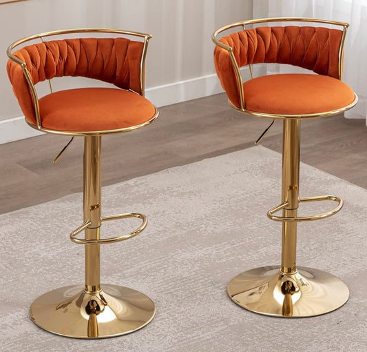 Modern Swivel Bar Stools Velvet Adjustable Height Barstools Low Back Kitchen Island Counter Bar Chair with Golden Base, Orange.Set of 1