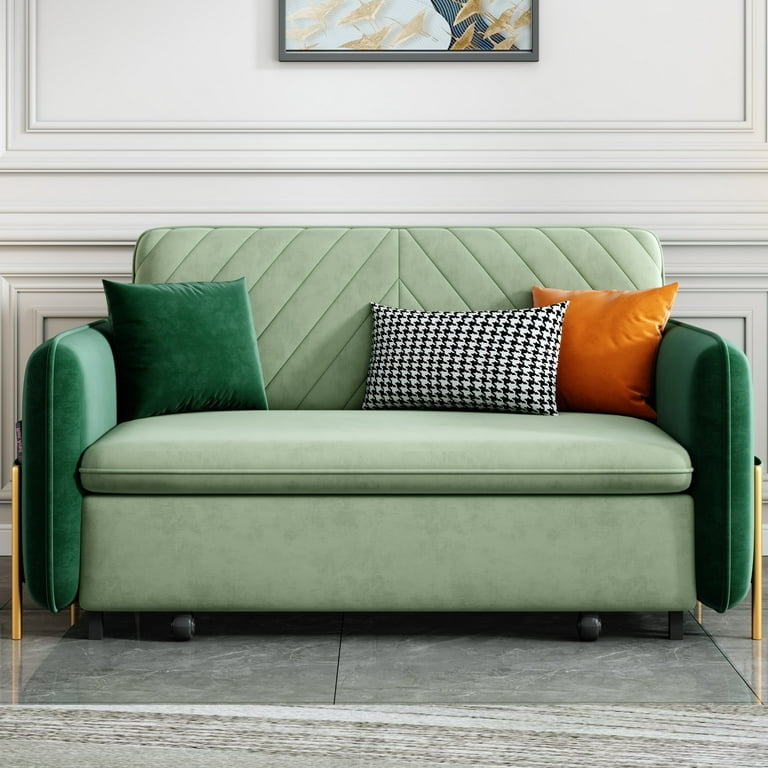 53.5" Full Sleeper Sofa Green Upholstered Convertible Sofa Bed 3 in 1 Sleeper Sofa Couch Bed, Small Tufted Velvet Convertible Loveseat Futon Sofa w/Pullout Bed, Multi-Pockets for Living Room