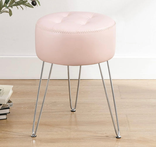 Faux Leather Vanity Stool Chair for Makeup Room, Pink Small Stool for Vanity, 19” Height, Tufted Vanity Chair Stool with Metal Legs, Modern Foot Stool Ottoman for Bedroom, Living Room