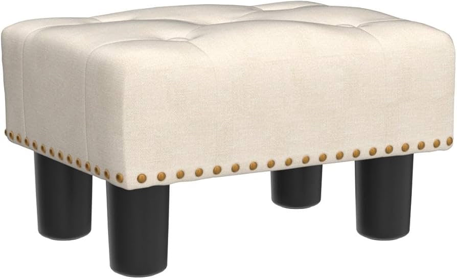 Small Tufted Foot Stool, Beige Linen Rivet Tufted Footrest with Plastic Legs, 9''H, Rectangle Foot Stools for Adult with Non-Slip Pads, Sofa Footstool for Living Room, Couch