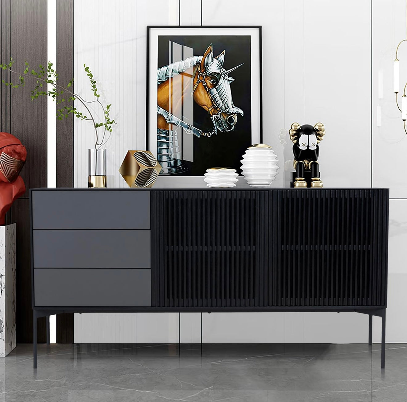 Sideboard Cabinet with 3 Drawers & 2 Doors,Modern Kitchen Buffet Sideboard Storage Console Table with Metal Legs,Buffet Server Cupboard for Living Room Dining Room Entryway,Black