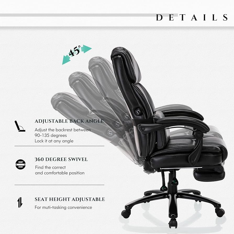 Big and Tall Office Chair with Footrest-Ergonomic Office Chair with Adjustable Backrest, Lumbar Support Pillow, Executive Computer Desk Chair Thick Bonded Leather for Comfort, 350LBS, Black