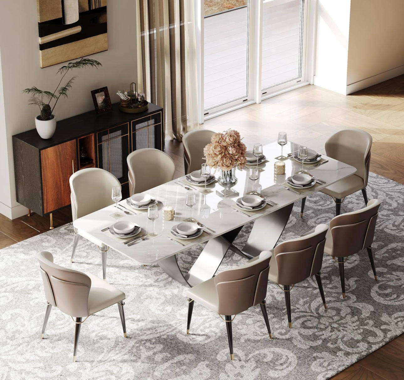 87” Modern Dining Table for 8, Rectangle Dining Table Large, Sintered Stone Dining Table with Butterfly Shape Carbon Steel Base, White Kitchen Table for Dining Room Table