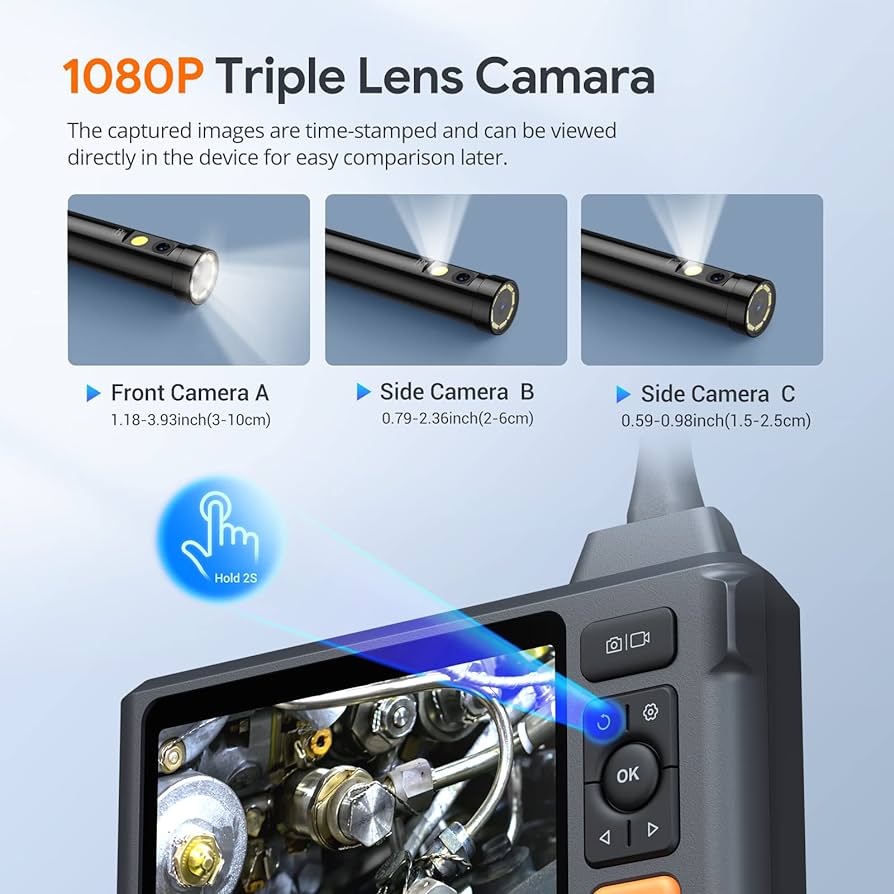 DS520 Triple Lens Sewer Camera, 5" IPS Screen Inspection Camera with 50FT Semi-Rigid Cable, DS520 4.92ft Semi-Rigid Cable, 1080P Dual Lens Endoscope Camera with Lights, Portable Case