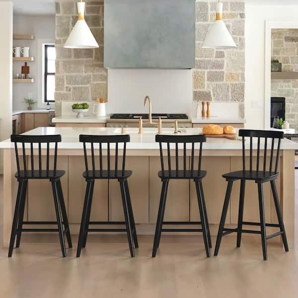 24 in. Black Wood Counter Stools Bar Stools with Slat Back