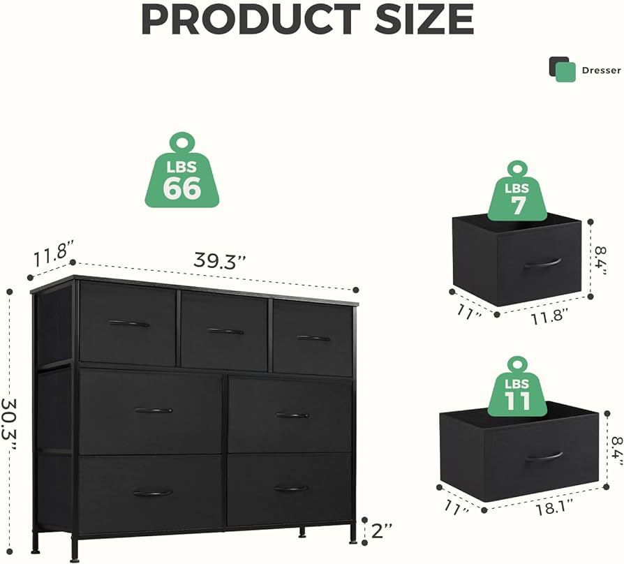 Dresser for Bedroom with 7 Drawers, Storage Organizer Units Furniture, Chest Tower TV Stand with Fabric Bins, Metal Frame, Wooden Top for Nursery, Living Room, Kidsroom, Closet