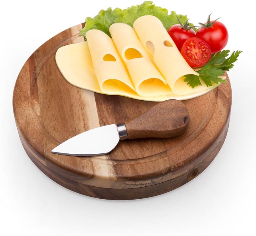 Round Slide-Out Acacia Wood Cheese Serving Board and 3 Piece Cheese Tool Set, 7.5 inch Diameter, Ideal for Outdoor Picnic Housewarming Kitchen Personalized Gift
