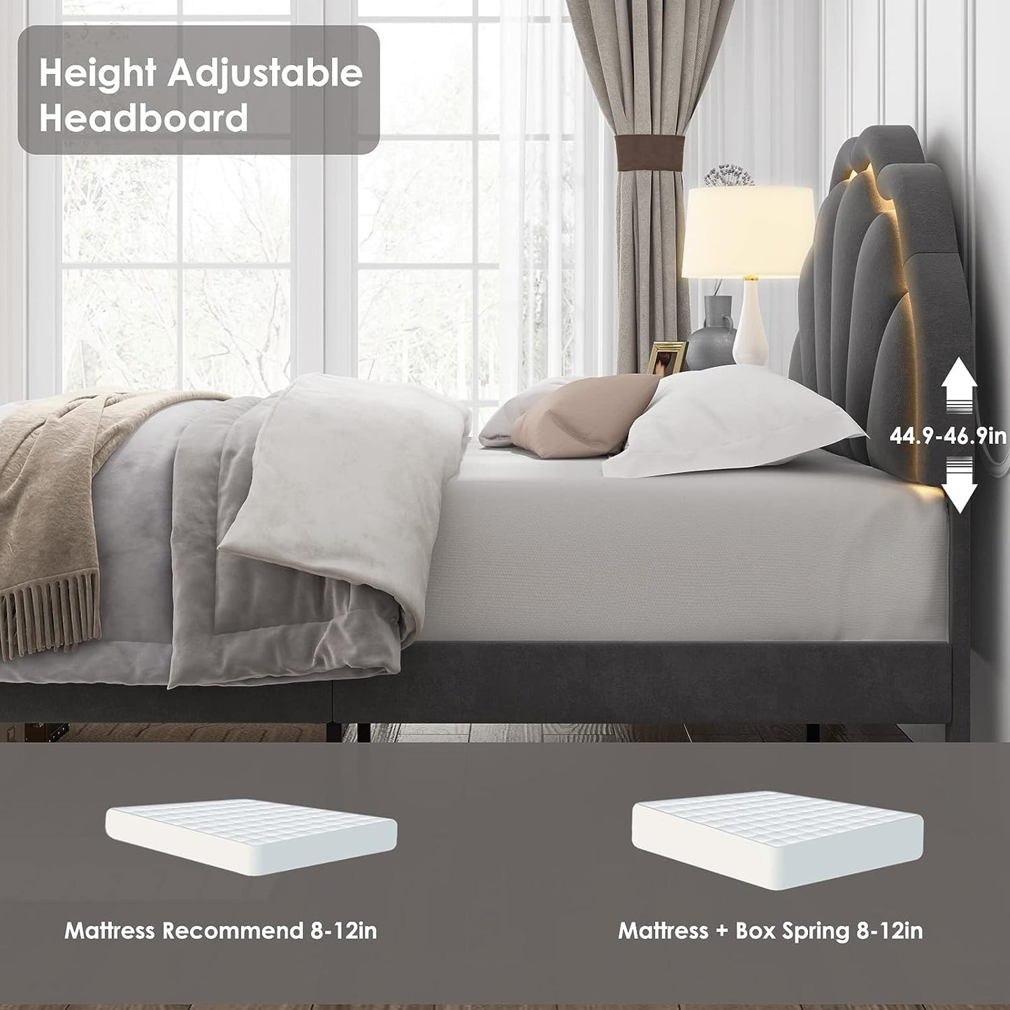 Full Upholstered Smart LED Bed Frame with Adjustable Elegant Flowers Headboard. Grey