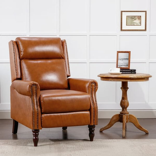 Modern Upholstered Accent Chair Genuine Leather Push Back Recliner Chair with Roll Arms for Living Rooms, Bedroom