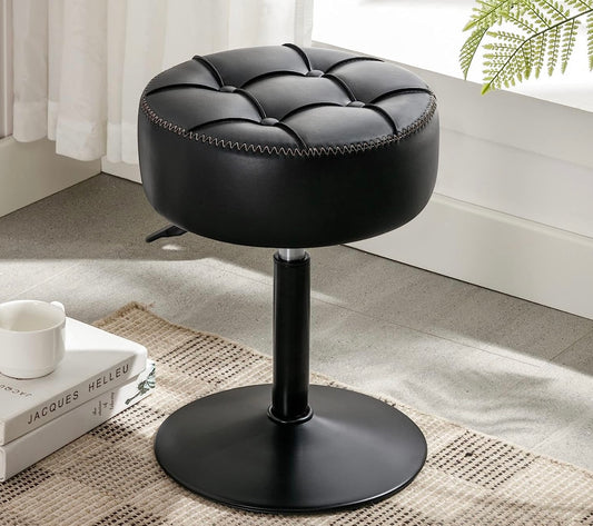 Adjustable Vanity Stool, 360°Swivel Vanity Chair Stool for Makeup Room, Black Stool Chair for Vanity, Small Faux Leather Vanity Stool for Bathroom, Living Room