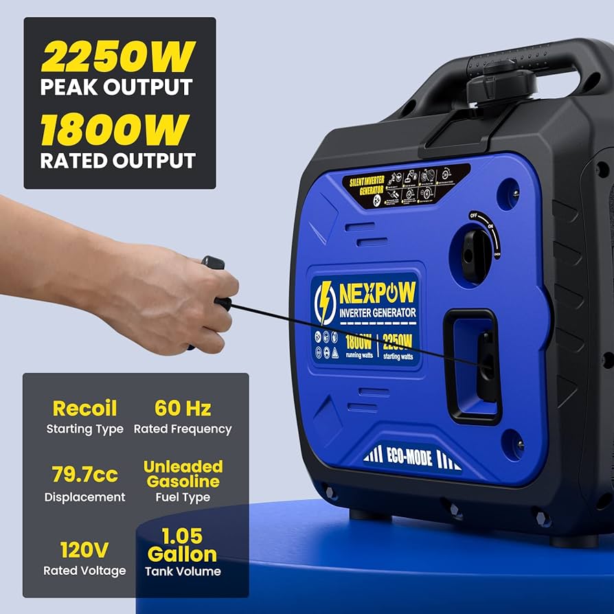 Portable Inverter Generator, 2250W Super Quiet Generator with CO Alarm Ideal,Eco-Mode Feature, Parallel Capability,EPA Compliant,and 5v/3A USB Outlet,Lightweight For Backup Home Us& Camping