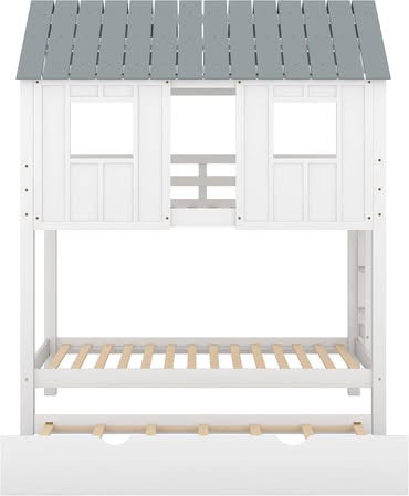 Quarte Twin Over Twin House Bunk Bed with Slide and Windows, Wood Low Bunk Bed with Ladder and Guardrails,Designed for Toddlers/Kids/Teens/Girls/Boys