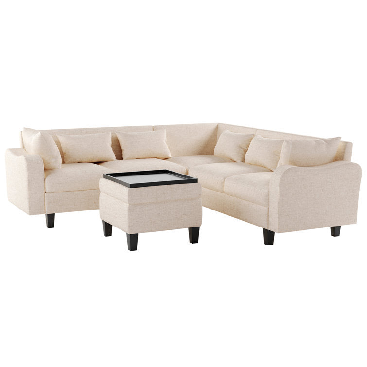 87" Modern Linen L Shape Sectional Sofa with Coffee Table,Sectional Couch with Storage Ottoman