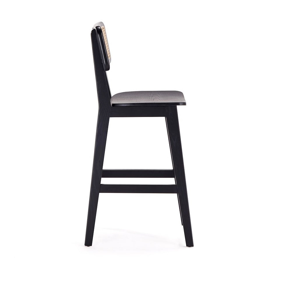 Manhattan Comfort Versailles Black & Natural Cane Counter Stool.Designer Modern Wood Bar Stool with Natural Cane Back 30”Height