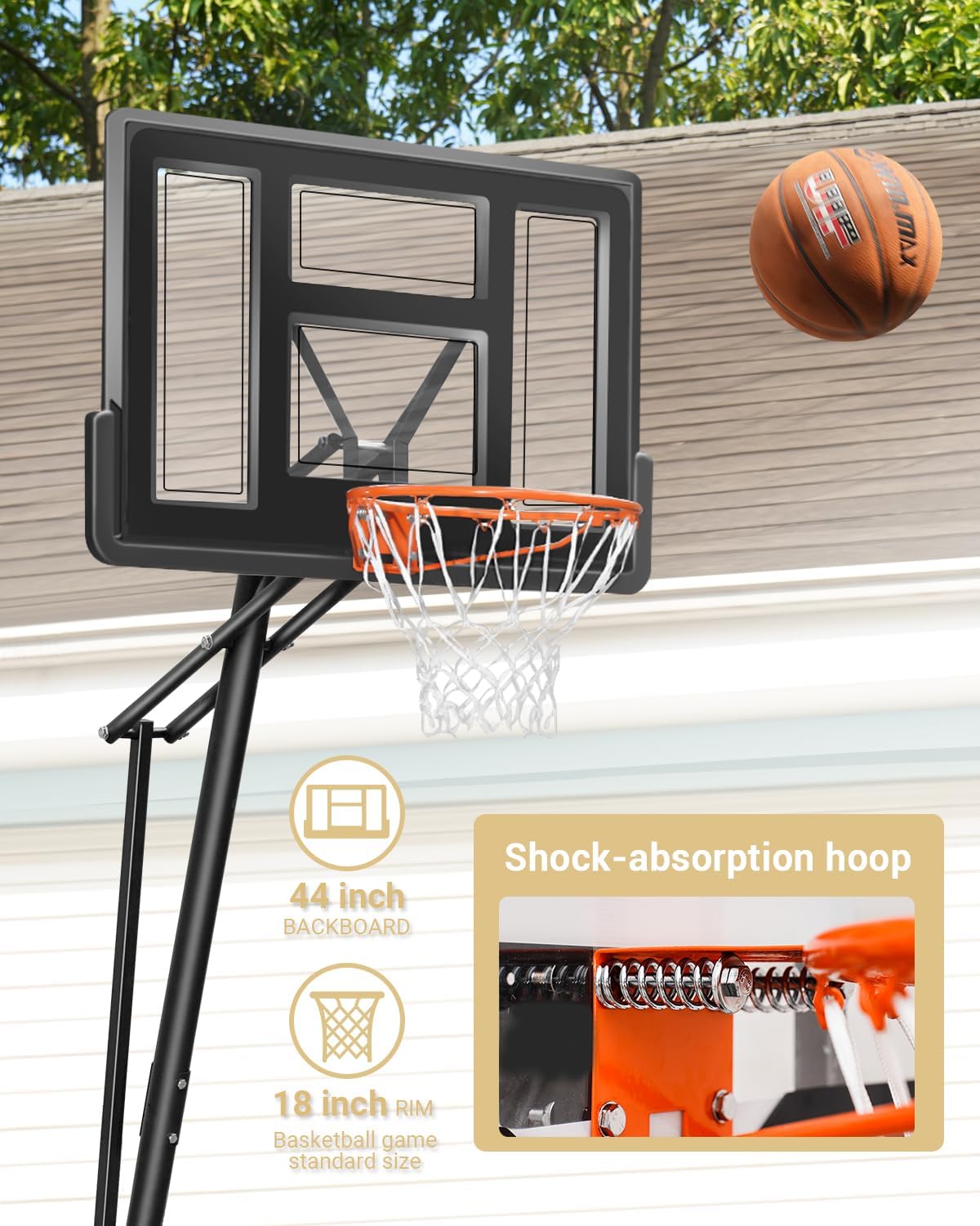 Portable Basketball Hoop Quickly Height Adjusted 4.9-10ft Outdoor/Indoor Basketball Goal System with 44 inch Backboard and Wheels for Adults