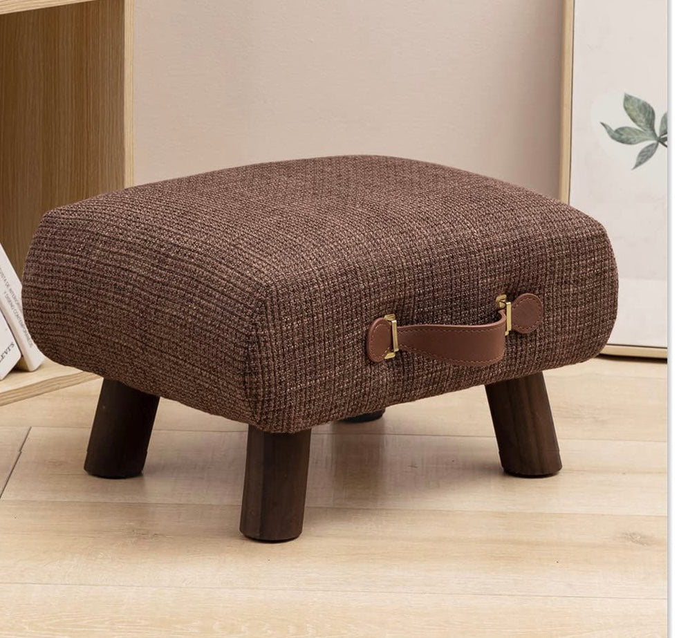 Foot Stool with Handle, Brown Footstool Elegant Small Foot Stool Rest with Wooden Legs, 9''H, Rectangle Fabric Foot Stools for Adults with Waterfall Edge, Ottoman for Living Room, Desk, Bedroom, Couch