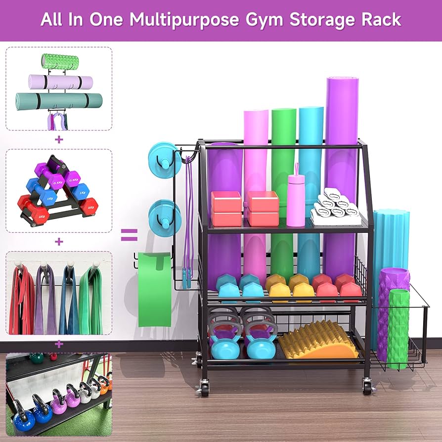Dumbbell Rack, Yoga Mat Storage Racks with Wheels and Hooks Weight Rack for Dumbbells Home Gym Storage Rack Workout Equipment Organizer for Kettlebells Foam Roller