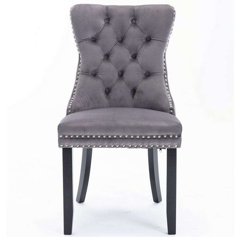 Velvet Fabric Dining Chairs Luxury Tufted Back with Nailed Trim and Back Ring Pull Home Kitchen Dining Room Chairs Armless Accent Side Chairs Solid Rubber Wood Legs.Grey