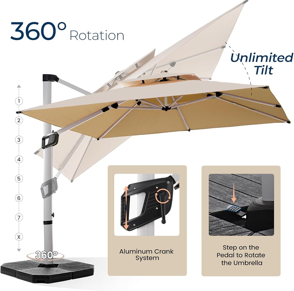10x10FT Aluminum Cantilever Patio Umbrella - Large Offset Heavy-Duty Umbrella with 360° Rotation, Infinite Tilt, Double Top, 10-Year Rustproof, 5 Year Fade-Resistant for Outdoor, Pool, Beige