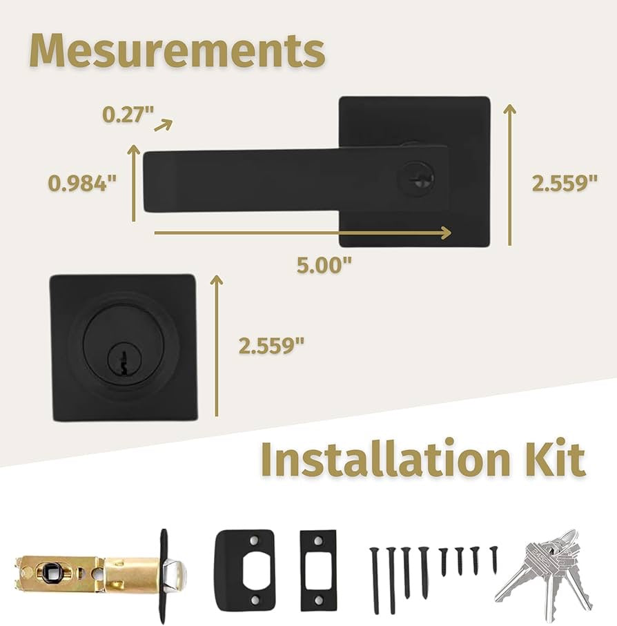 Entry Combo I Entry Lever Door Handle and Single Cylinder Deadbolt Lock and Key Combo Pack - Heavy Duty Square Locking Lever Set for Left or Right-Handed Doors - Matte Black