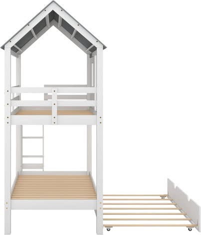 Quarte Twin Over Twin House Bunk Bed with Slide and Windows, Wood Low Bunk Bed with Ladder and Guardrails,Designed for Toddlers/Kids/Teens/Girls/Boys