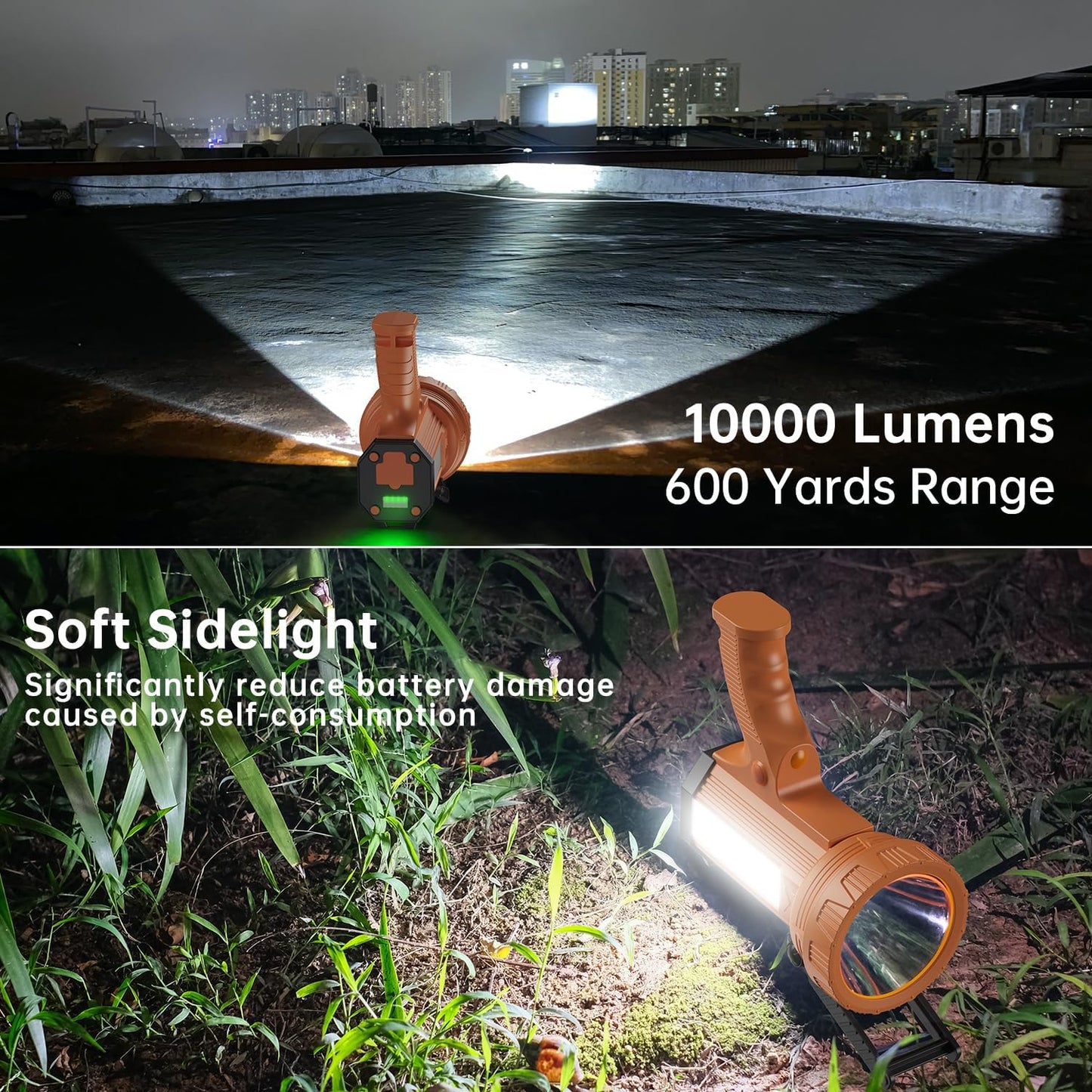 Rechargeable Spotlight Flashlight, 180000 lumens 606 Yards Range Solar Spot Lights Hand held Large flashlights with red Lens and Side Flood Light Warning Light USB C Recharge（Orange)