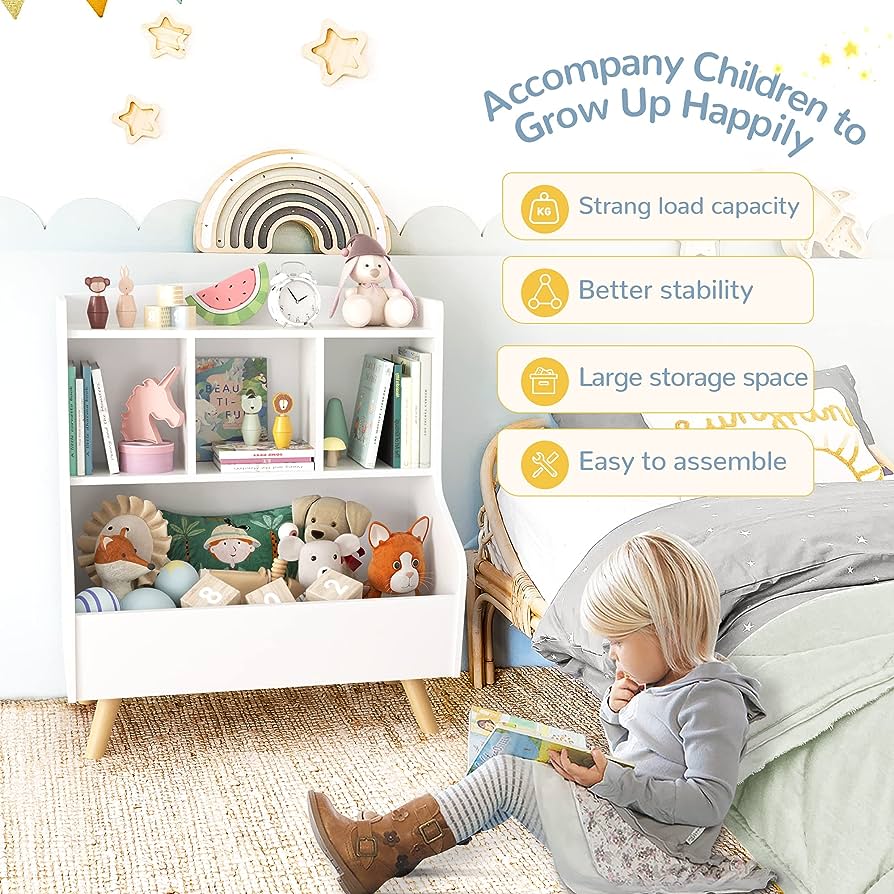 Kids Bookshelf and Toy Storage, 3-Tier Wooden Open Bookcase, Baby Book and Toy Storage Display Organizer with Spacious Top Shelf, for Children, Friends, Family, White