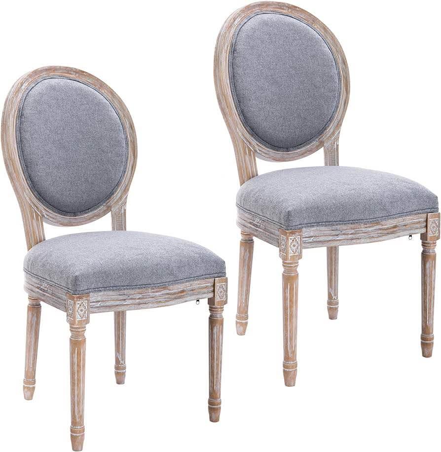 French Country Vintage Dining Chairs with Round Back, Set of 4,Solid Wood Legs.Gray