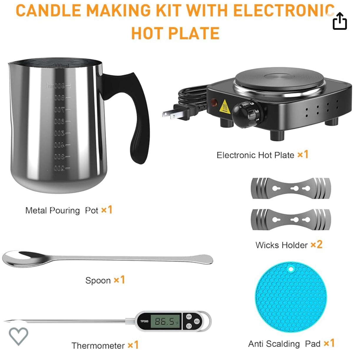 Candle Making Kit with Electronic Hot Plate, Candle Making Kit for Adults, DIY Starter Candle Making Supplies, with 900ml Candle Make Pouring Pot, Stirring Spoon, Wicks Holder, Thermometers