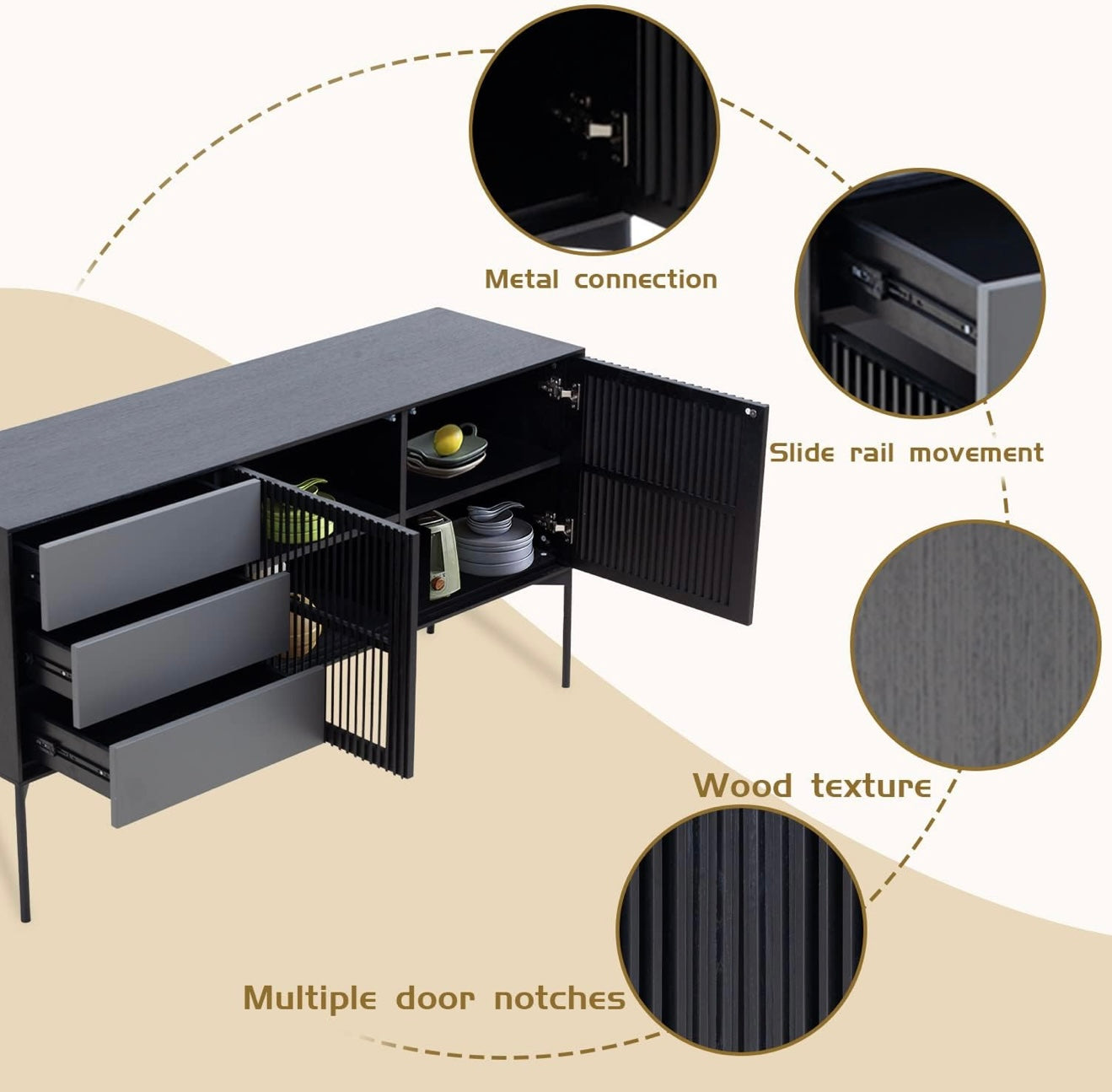 Sideboard Cabinet with 3 Drawers & 2 Doors,Modern Kitchen Buffet Sideboard Storage Console Table with Metal Legs,Buffet Server Cupboard for Living Room Dining Room Entryway,Black