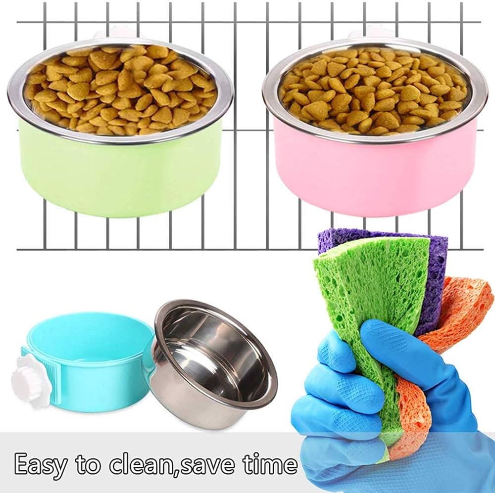 3 PCS Set Crate Dog Food Water Bowls, 2-in-1 Plastic Kennel Bowl & Stainless Steel Pet Bowl, Removable Hanging Cat Food Bowls, Feeder Coop Cup Perfect for Cat, Puppy, Birds, Rats, Ferret, Guinea Pigs.