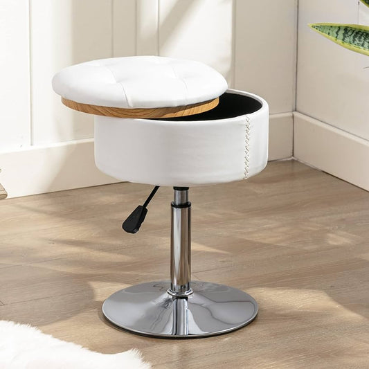 360°Swivel Storage Vanity Stool Chair for Makeup Room, Height Adjustable Stool for Vanity, Small White Faux Leather Vanity Stool for Bathroom, Living Room