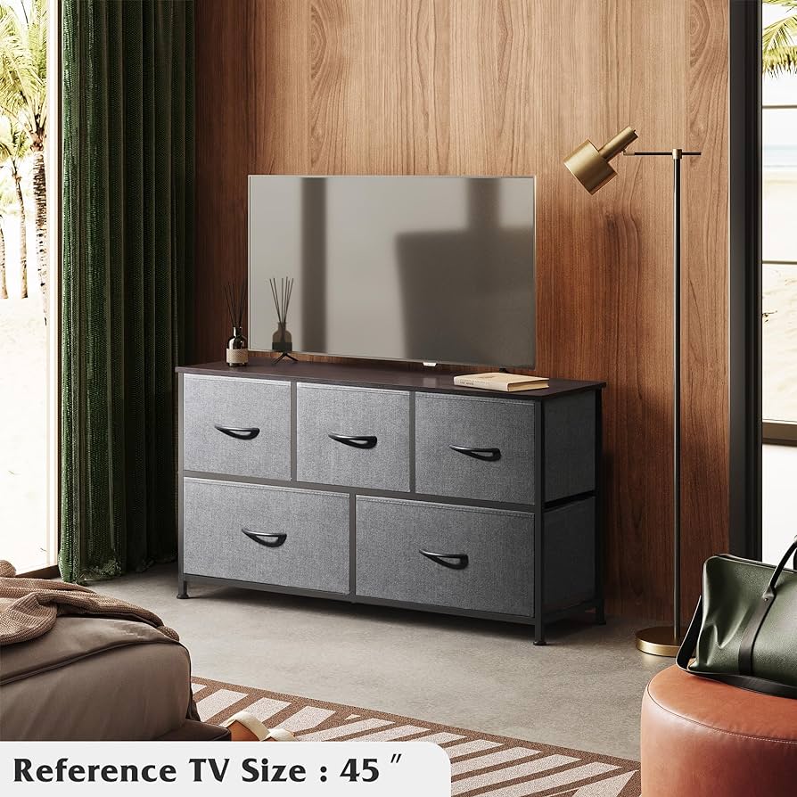 Dresser for Bedroom with 5 Drawers, Wide Chest of Drawers, Fabric Dresser, Storage Organizer Unit with Fabric Bins for Closet, Living Room, Hallway