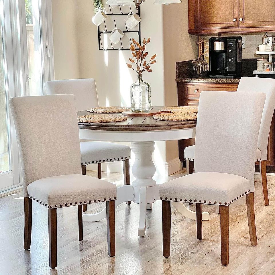 Fabric Parsons Upholstered Dining Chairs. Wood Legs. Beige