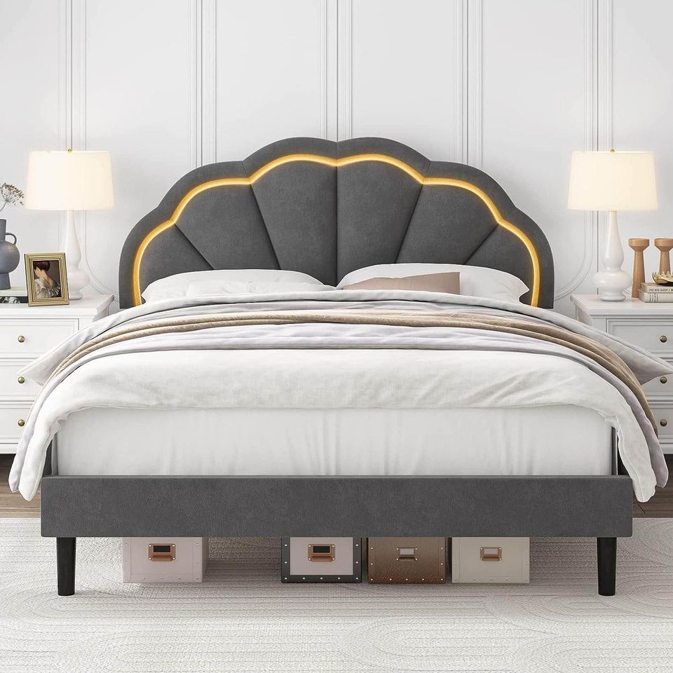 Upholstered Queen Size Smart LED Bed Base with Elegant Flower Adjustable Headboard, Queen Size.Gray