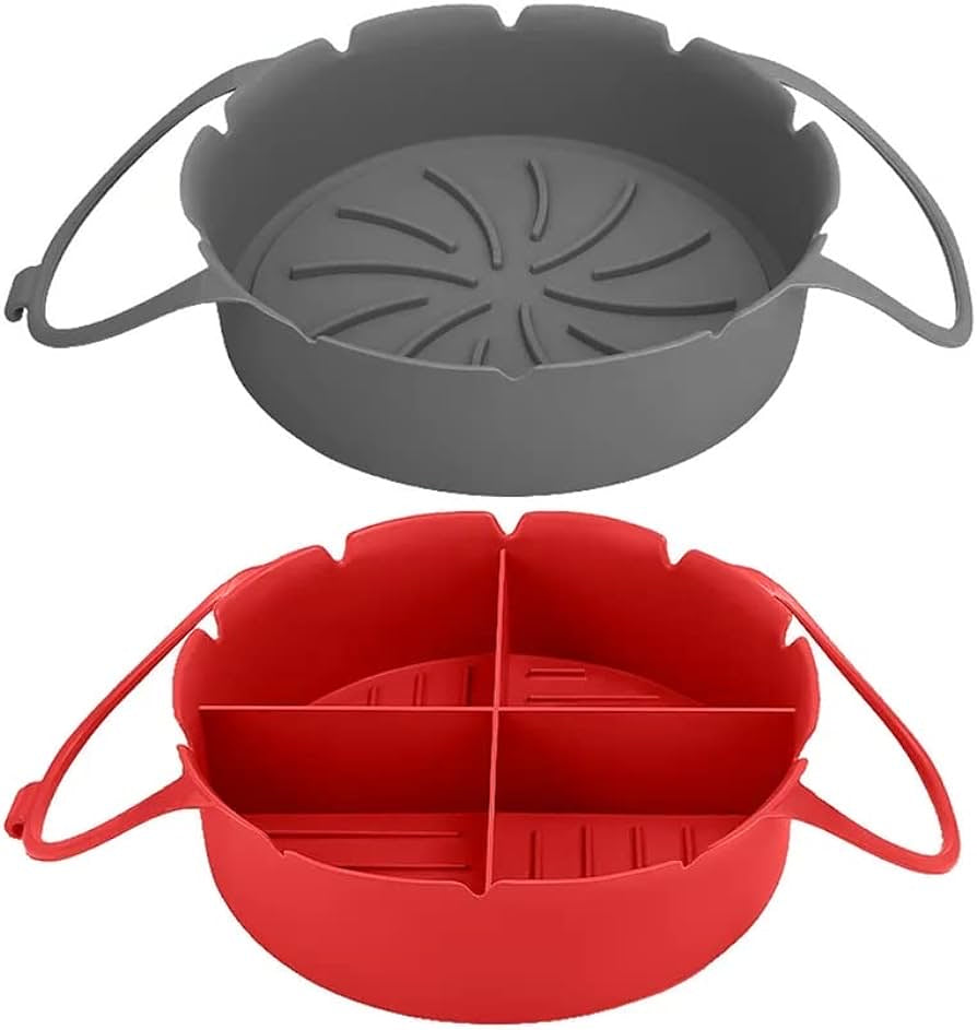 Silicone Air Fryer Liners Pot and Silicone Basket Bowl with divider, Parchment Paper Replacement, Reusable Heat Resistant Baking Tray Oven Accessories, 8 inch Fits 5-8qt (2 Pack, Grey & Red)