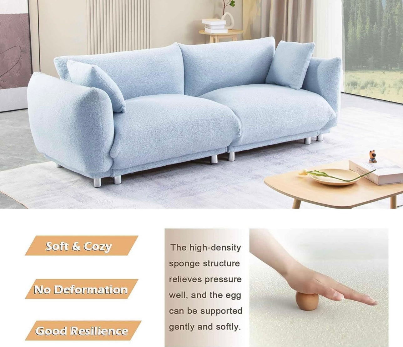 87 inch Modern Sofa, Teddy Comfy Sofa Couch with 2 Pillows, Upholstered Deep Seat Sofa, Oversized Sofa with Metal Legs for Small Space Office Apartments Bedroom Living Room (Blue)