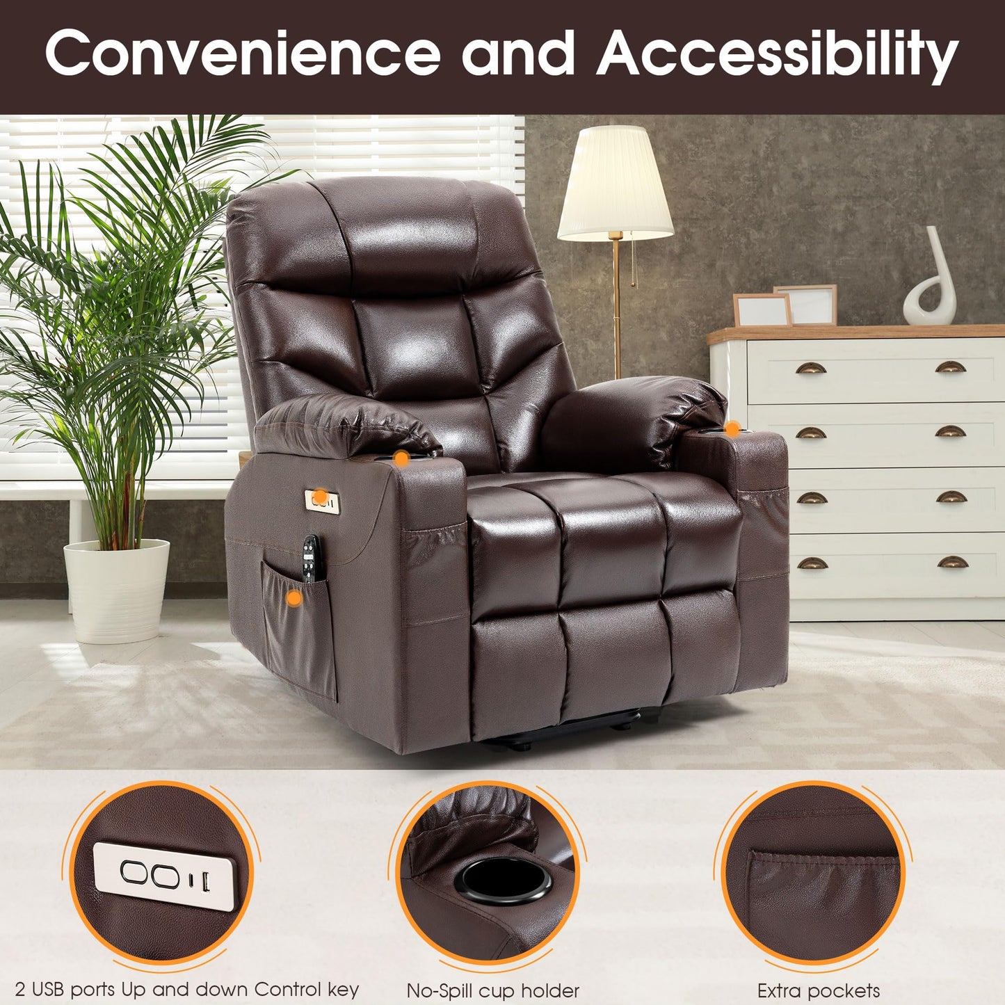 Recliner Chair, Leather 3 Positions Lift Chair with Heat and Massage for Elderly, Power Lift Recliner with Cup Holder, USB Charging Port and Easy-to-use Hand Control (Classic Brown)