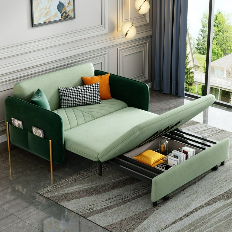 53.5" Full Sleeper Sofa Green Upholstered Convertible Sofa Bed 3 in 1 Sleeper Sofa Couch Bed, Small Tufted Velvet Convertible Loveseat Futon Sofa w/Pullout Bed, Multi-Pockets for Living Room