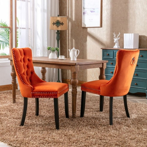 Velvet Fabric Dining Chairs Luxury Tufted Back with Nailed Trim and Back Ring Pull Home Kitchen Dining Room Chairs Armless Accent Side Chairs Solid Rubber Wood Legs.Orange