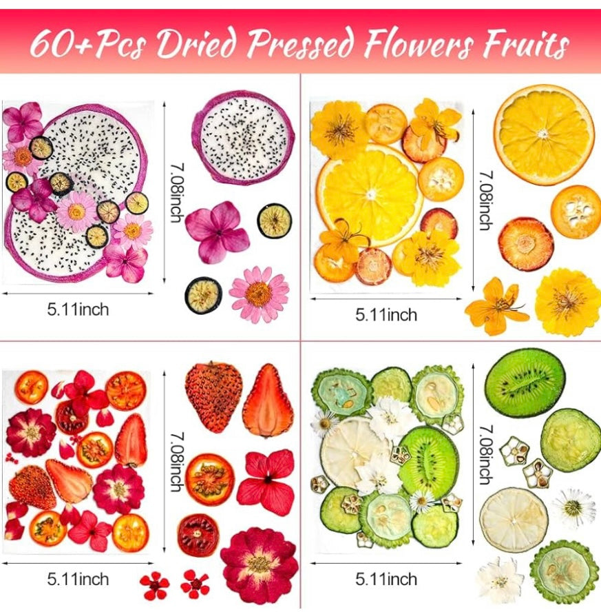 60+ Pieces Dried Pressed Flowers Fruits Set, Real Flowers Fruits for Resin, Natural Fruits Flowers Kit for Crapbooking DIY Art Crafts, Epoxy Resin Jewelry Molds, Candle, Soap Making, Nails DéCor
