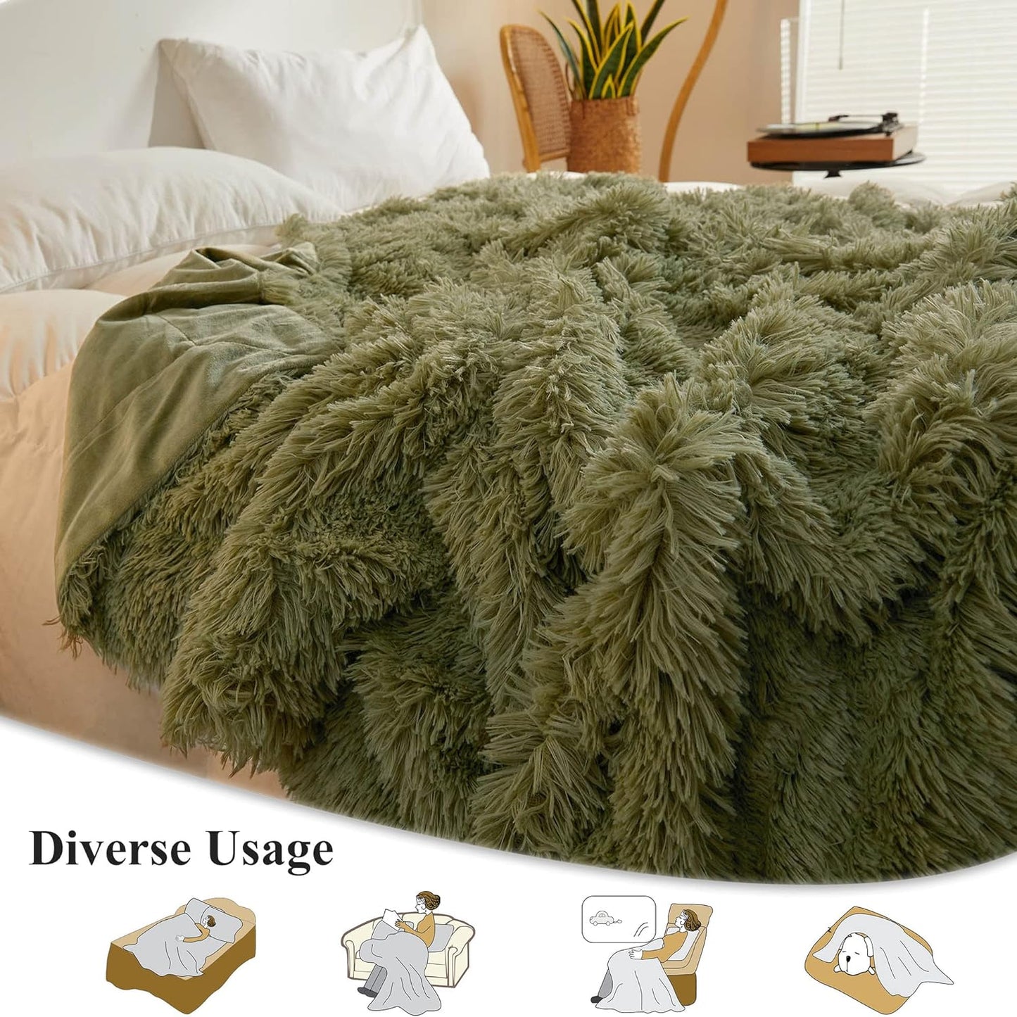 XeGe Luxury Faux Fur Throw Blanket, Gray Green Soft 50x60 Fluffy Blanket, Furry Plush Decorative Sofa Blanket, Cute Plush Plush Office Blanket, Gray Green for Bedroom Living Room