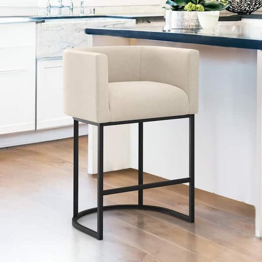 Jessica Barstool.Modern Counter Height Linen Fabric Upholstered Counter Stool, 24 inch Kitchen Island Stool with Black Tubular Frame, Beige