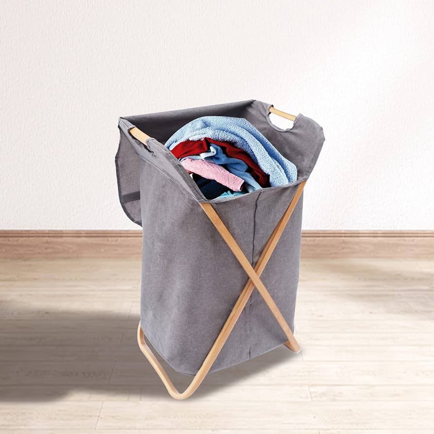 Bamboo Wood X-Frame Laundry Hamper,Grey Modern Portable and Foldable Dirty Clothes Laundry Basket Hamper Bag Bin with Lid Storage Organize Rack for Clothes Storage and Bedroom