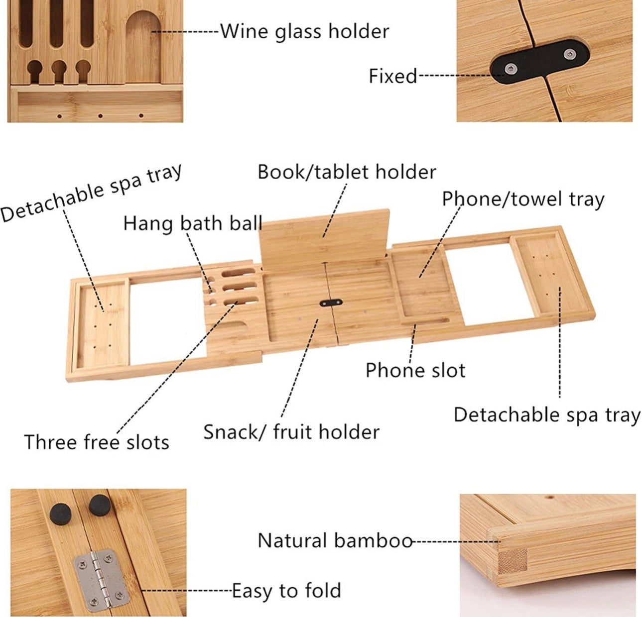 Bathtub Expandable Bamboo Tray, with Book Holder,Soap Dish, Wine Glass Slot