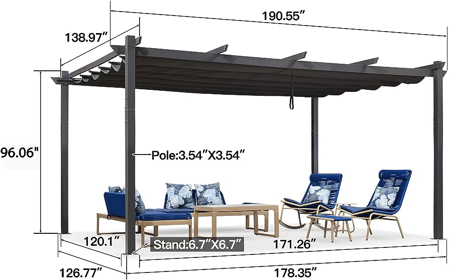 PURPLE LEAF 12' X 16' Outdoor Pergola with Retractable Canopy Aluminum Shelter for Porch Garden Beach Sun Shade Pavilion Grape Trellis Grill Gazebo Modern Backyard Deck Metal Patio Pergola Gray