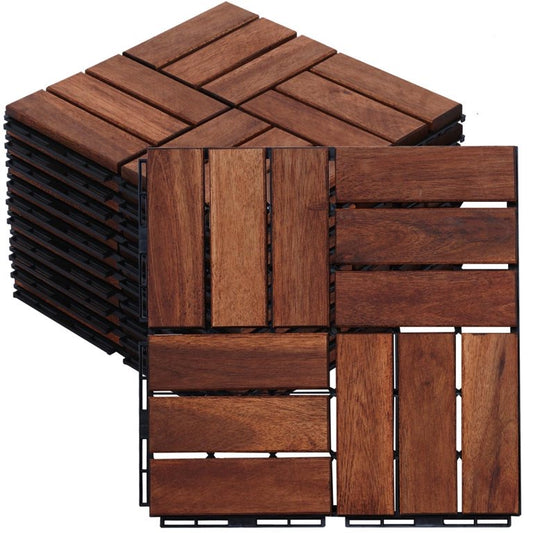 Solid Wood Patio Deck Tiles, Pack of 10, 12"x12" Square Interlocking Flooring Tiles, Acacia Wood Composite Decking Floor Tiles Indoor Outdoor, Floor Tile for Garden Poolside Backyards