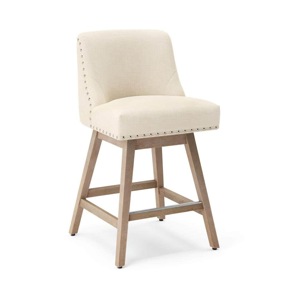 26 in. Wood 360° Free Swivel Upholstered Bar Stool with Back, Performance Fabric in Beige