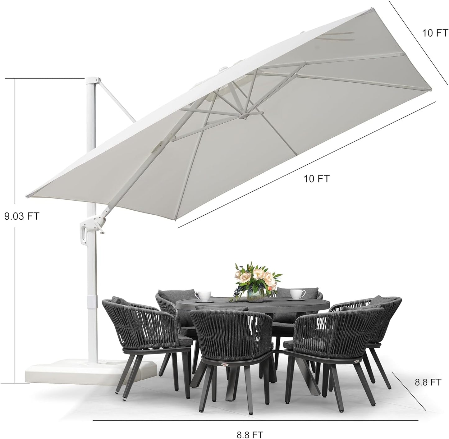 PURPLE LEAF 10 FT Patio Umbrella White Cantilever Umbrella Aluminum Square Outdoor Offset Umbrella Hanging Windproof with 360° Rotation for Garden Deck Pool, White